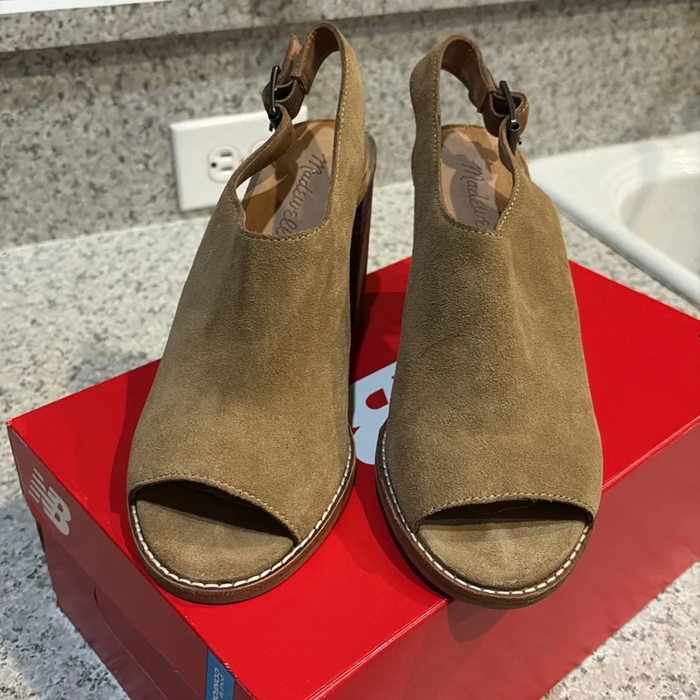 Madewell Suede Slingback Cary Block Tan Peep Toe Heels Sz 8 - Picture 2 of 15